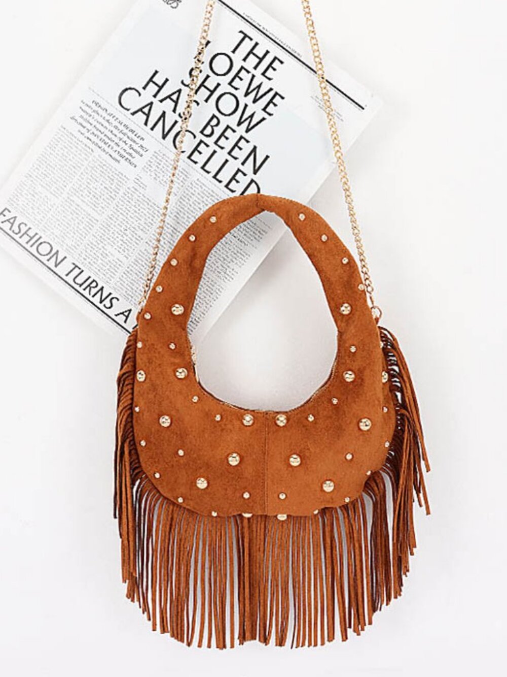 Trendy Metal Studded Fringe Hobo Bag